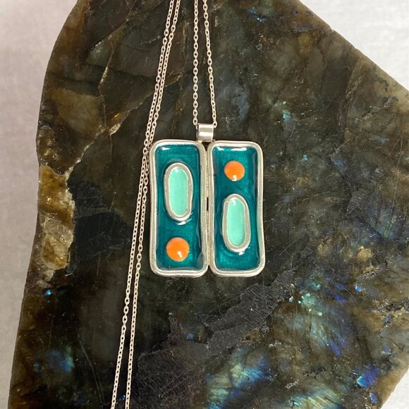 Sterling Silver 925 Modernist Style Enamel Geometric Pendant Necklace 18" Chain - Picture 15 of 16